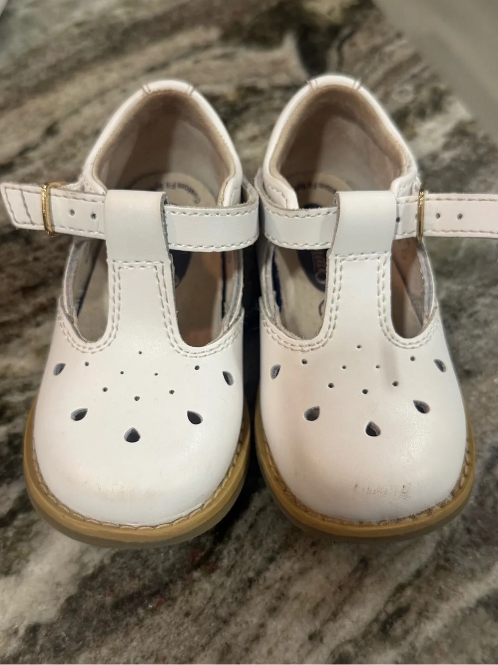 FootMates White T-Strap Harper 7200 Shoes with Gold Buckle